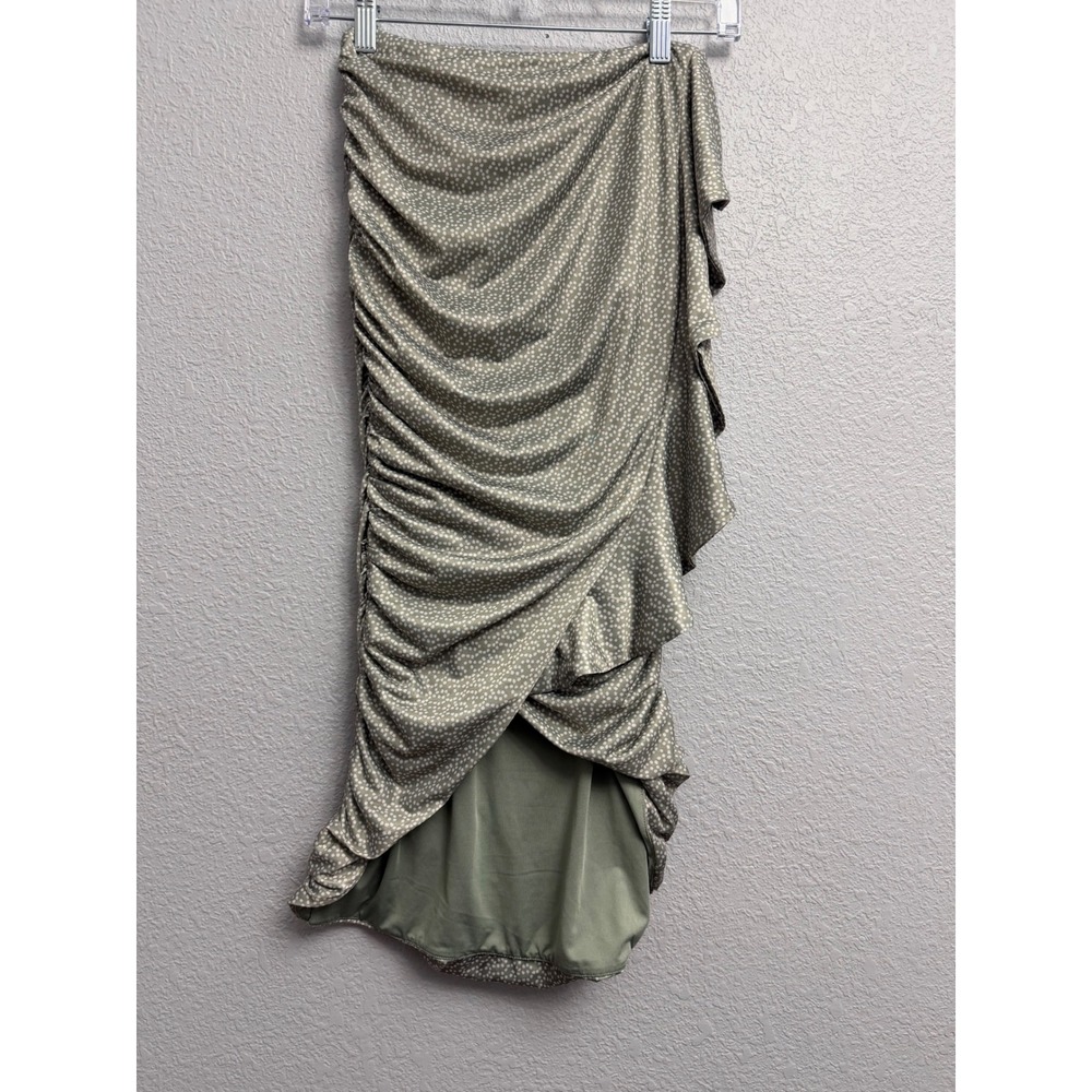 Lovers and Friends Sage Green Polka Dot Ruched Ruffle Midi Skirt XSโ Womens